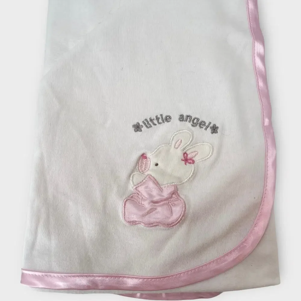 Vintage Bon Bebe Pink Satin Bunny Rabbit Little Angel 100% Cotton Baby Blanket